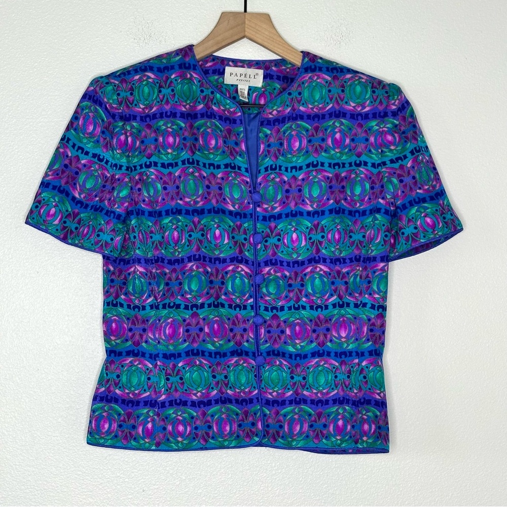 Adrianna Papell 100% Silk Cool Tone Jewel Tone Blouse Sz 8p Blazer Avantgarde
